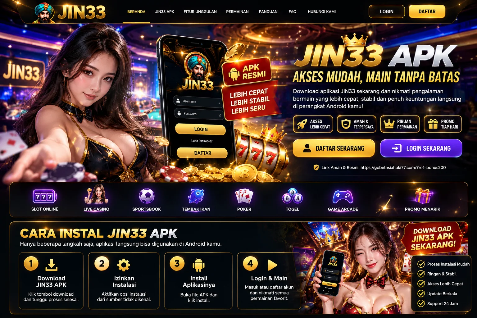 Tampilan promosi JIN33 APK dan akses mobile